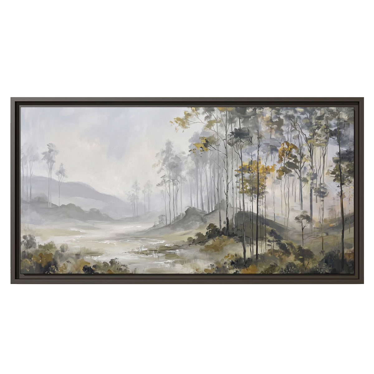 Misty woodland stream with gray trees, muted olive foliage and distant hazy hills single framed canvas wall art viewed straight on