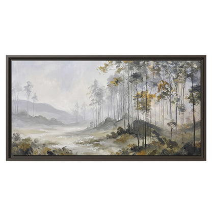 Misty woodland stream with gray trees, muted olive foliage and distant hazy hills single framed canvas wall art viewed straight on