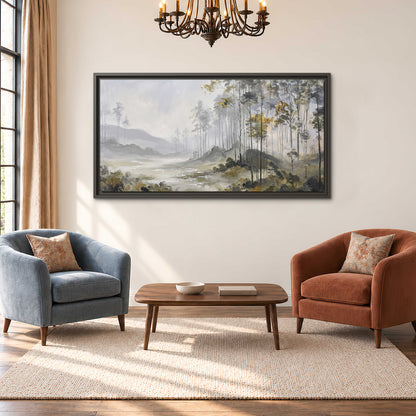 Misty woodland stream with gray trees, muted olive foliage and distant hazy hills single framed canvas wall art styled in an interior