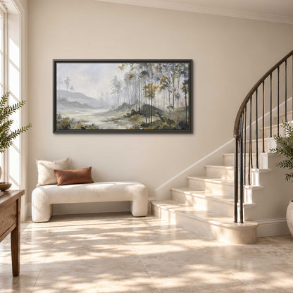 Misty woodland stream with gray trees, muted olive foliage and distant hazy hills single framed canvas wall art styled in an interior