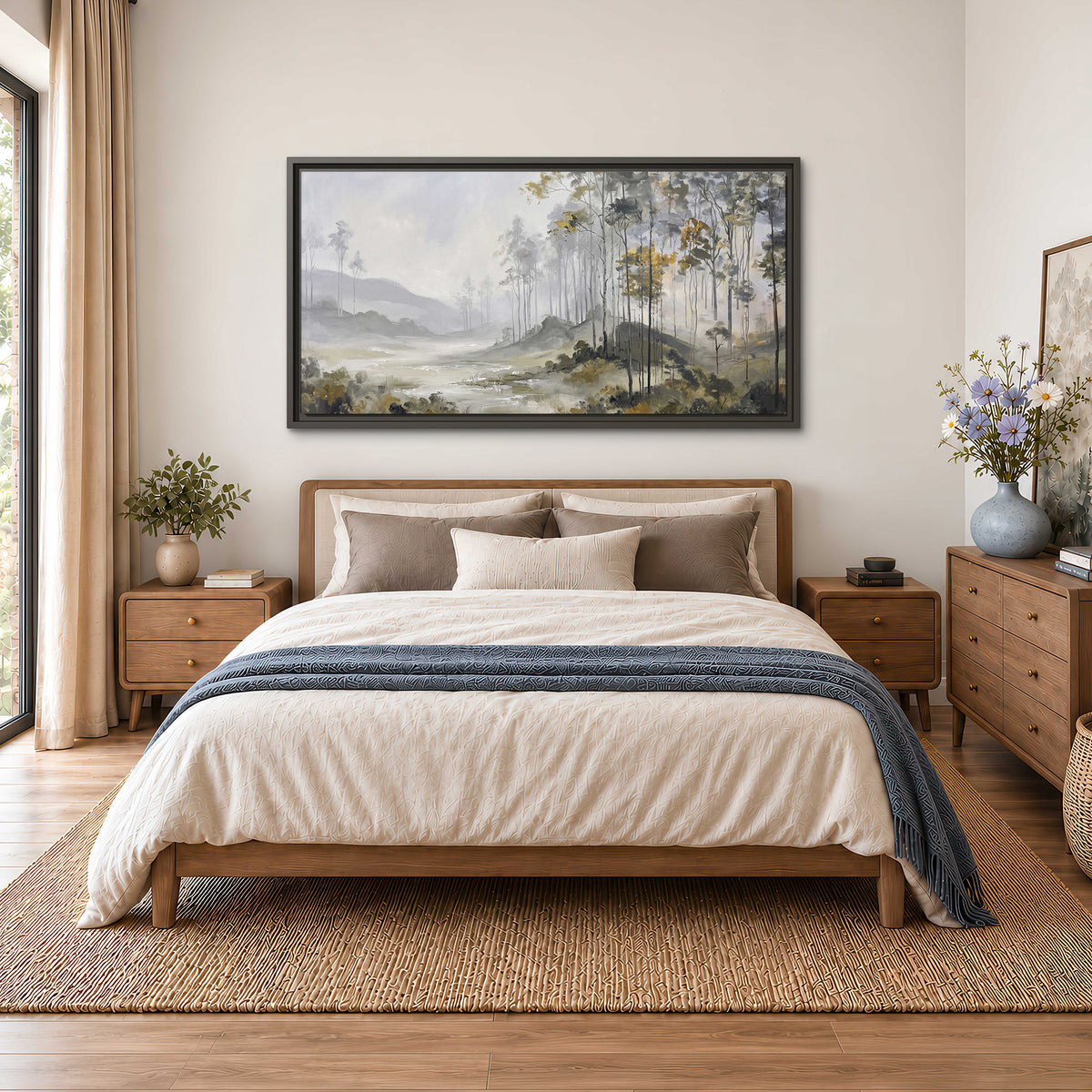 Misty woodland stream with gray trees, muted olive foliage and distant hazy hills single framed canvas wall art styled in an interior