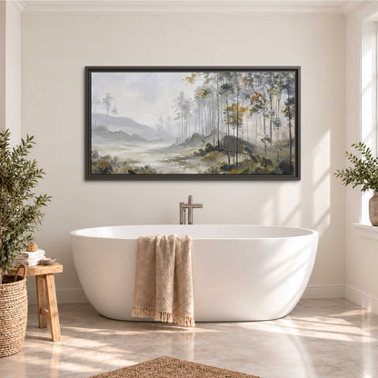 Misty woodland stream with gray trees, muted olive foliage and distant hazy hills single framed canvas wall art styled in an interior