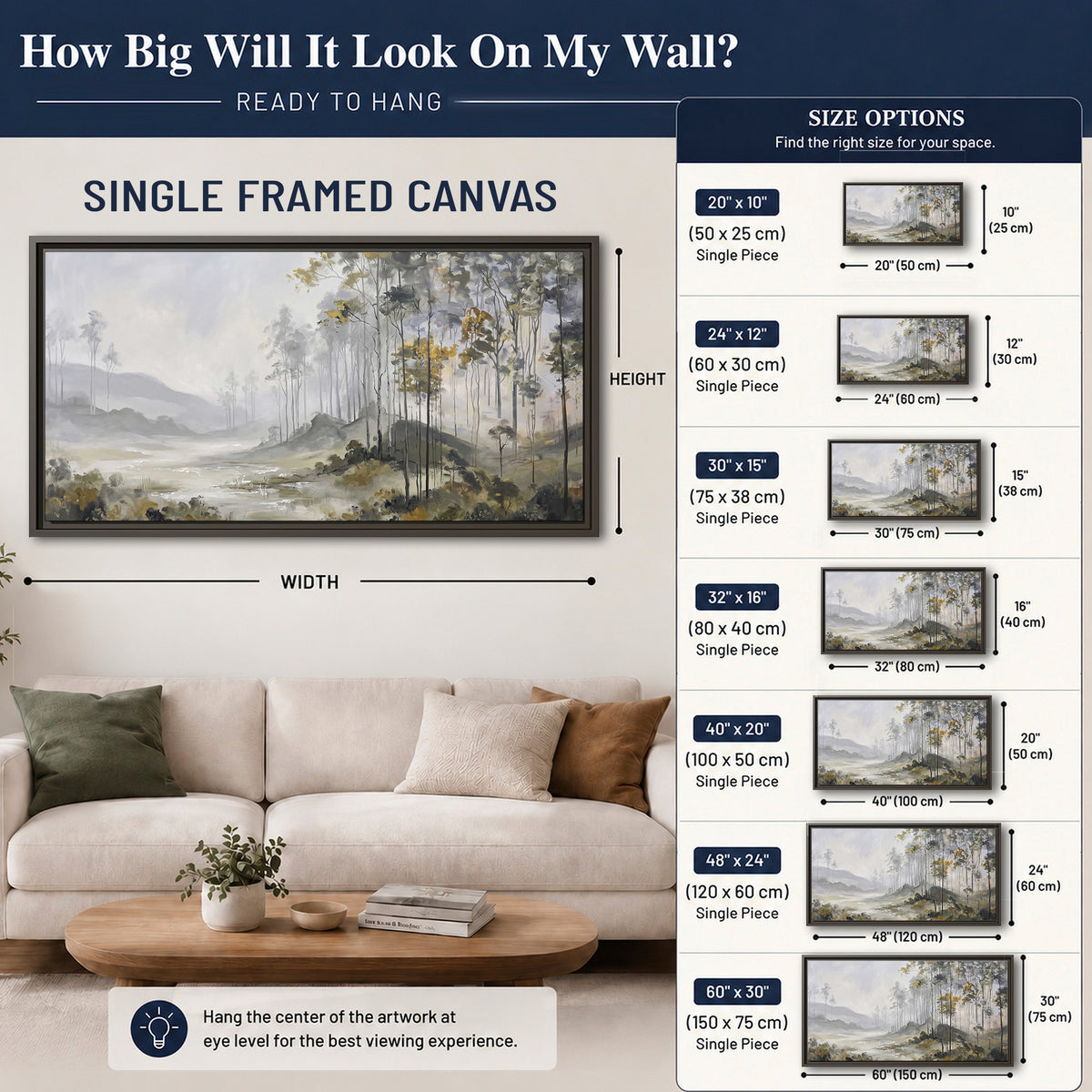 Misty woodland stream with gray trees, muted olive foliage and distant hazy hills single framed canvas wall art size guide above a sofa; room view is illustrative