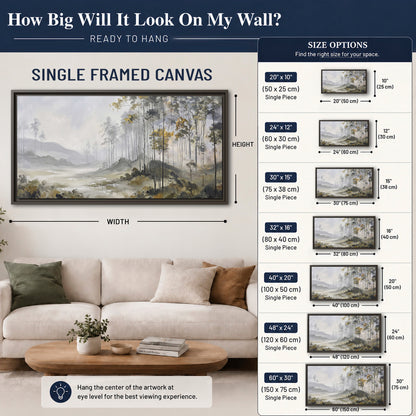 Misty woodland stream with gray trees, muted olive foliage and distant hazy hills single framed canvas wall art size guide above a sofa; room view is illustrative