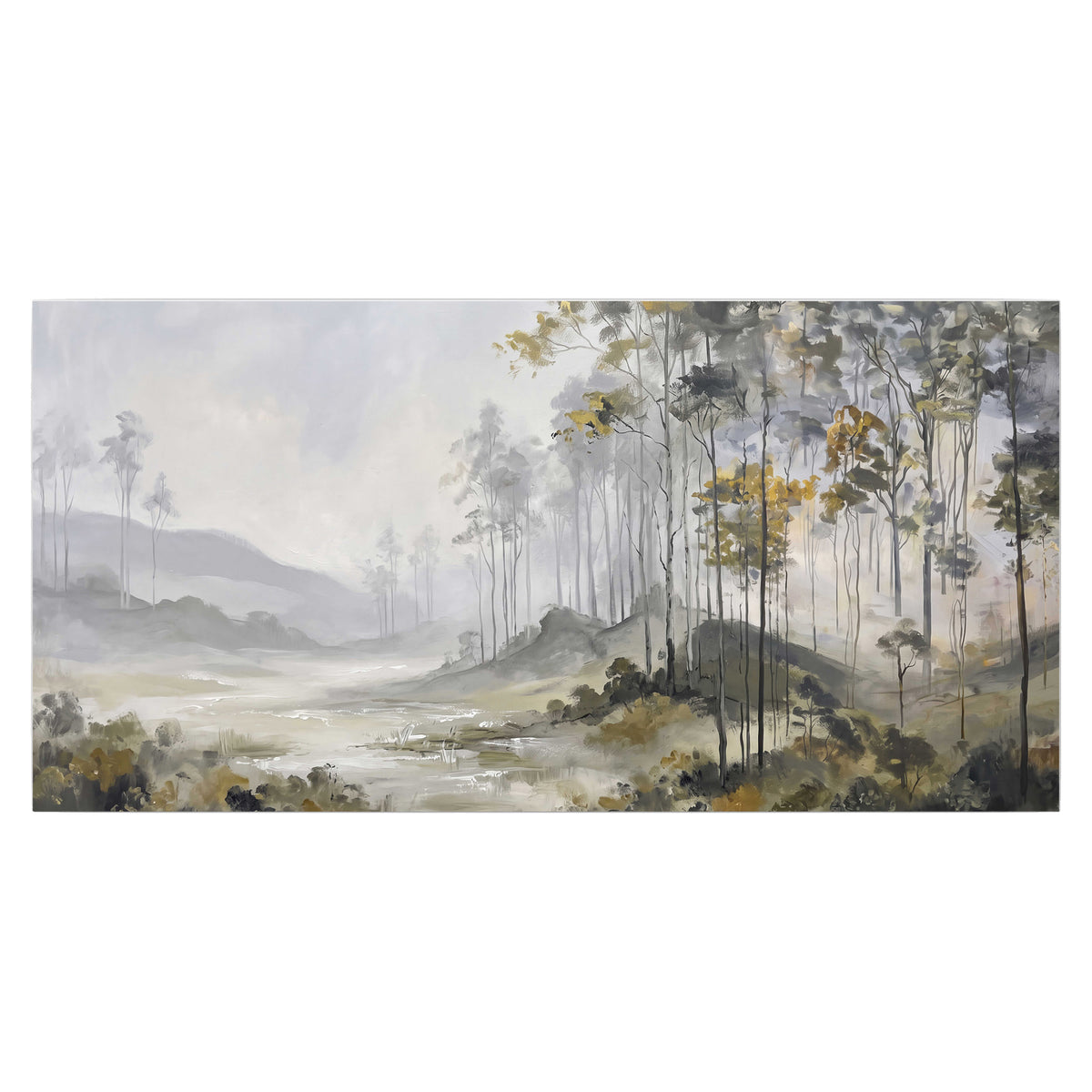 Misty woodland stream with gray trees, muted olive foliage and distant hazy hills single poster print viewed straight on