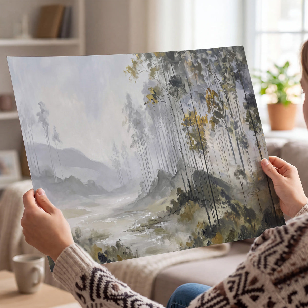 Misty woodland stream with gray trees, muted olive foliage and distant hazy hills single poster print held in hands
