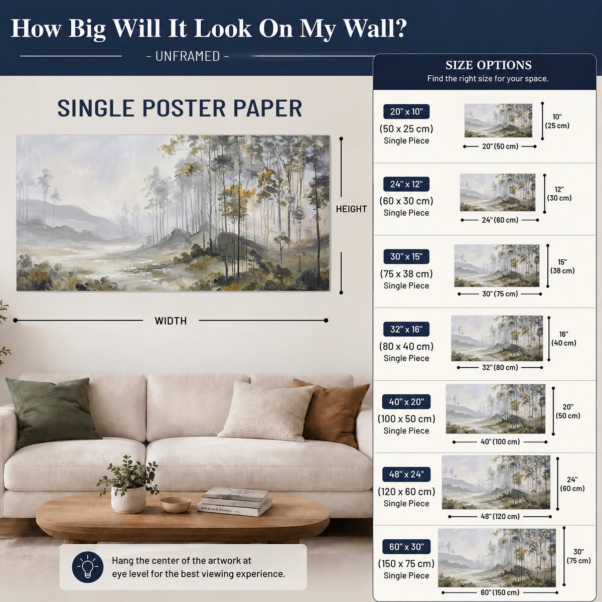 Misty woodland stream with gray trees, muted olive foliage and distant hazy hills single poster print size guide above a sofa; room view is illustrative