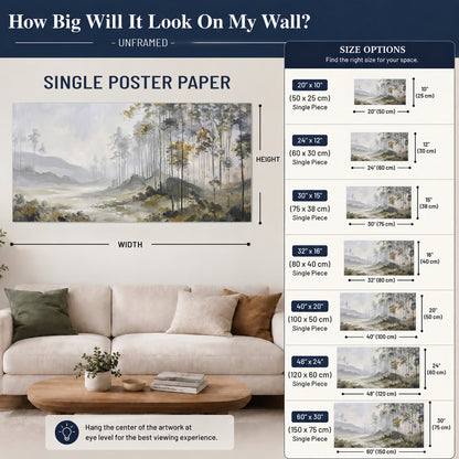 Misty woodland stream with gray trees, muted olive foliage and distant hazy hills single poster print size guide above a sofa; room view is illustrative