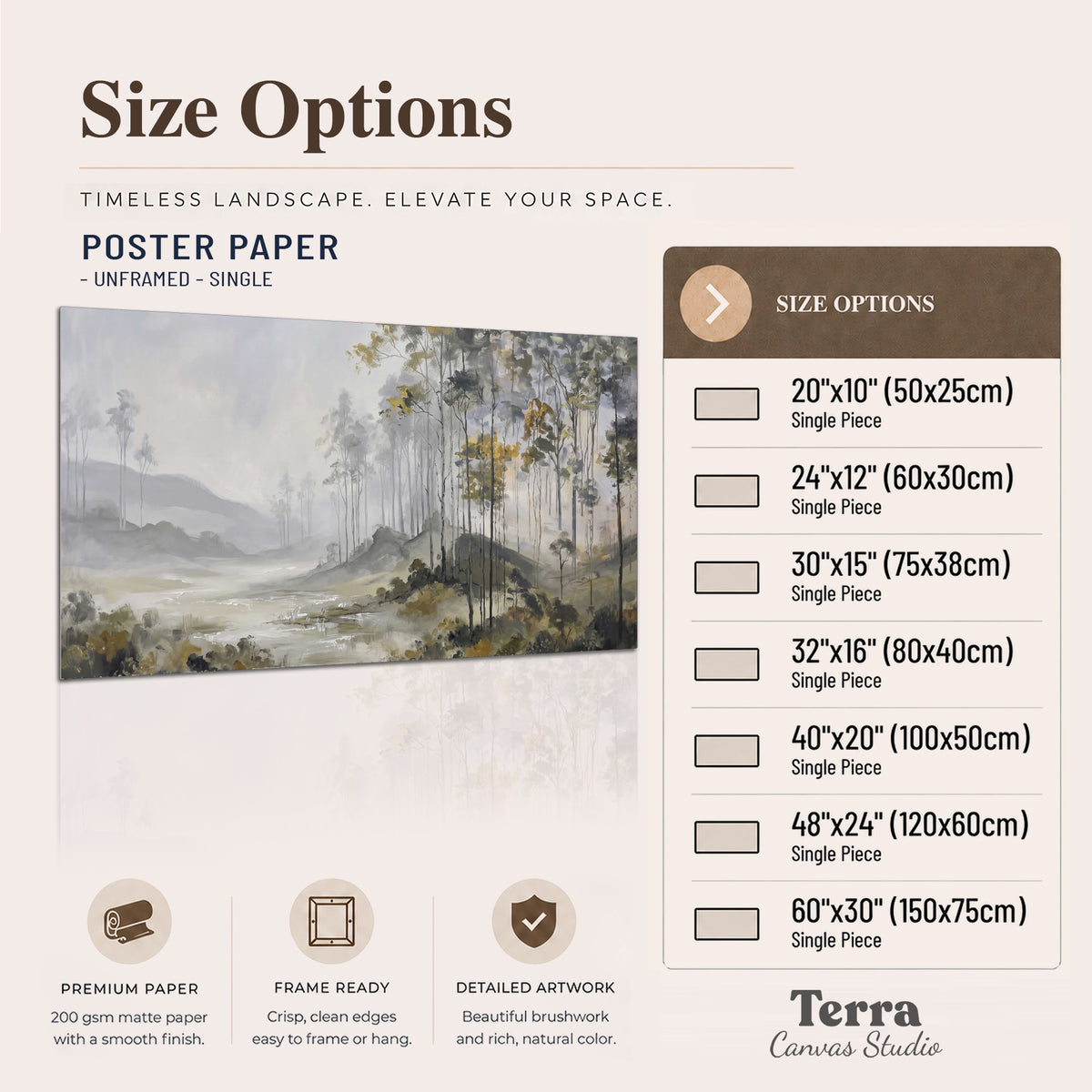 Misty woodland stream with gray trees, muted olive foliage and distant hazy hills single poster print available dimensions