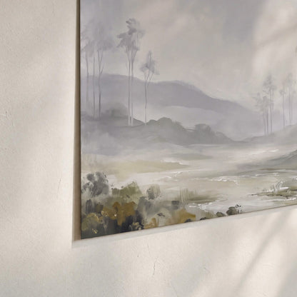 Misty woodland stream with gray trees, muted olive foliage and distant hazy hills set of 3 poster prints material and edge close up
