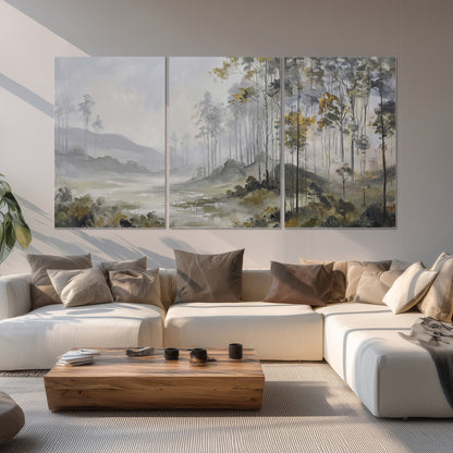 Misty woodland stream with gray trees, muted olive foliage and distant hazy hills set of 3 poster prints displayed in a living room