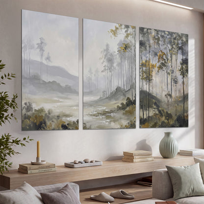 Misty woodland stream with gray trees, muted olive foliage and distant hazy hills set of 3 poster prints displayed in a console
