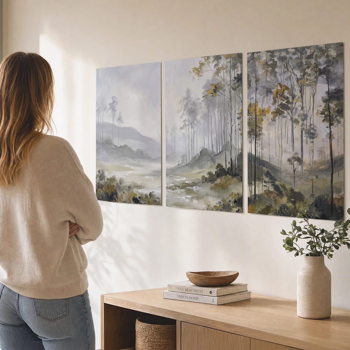 Misty woodland stream with gray trees, muted olive foliage and distant hazy hills set of 3 poster prints three panel arrangement on a wall