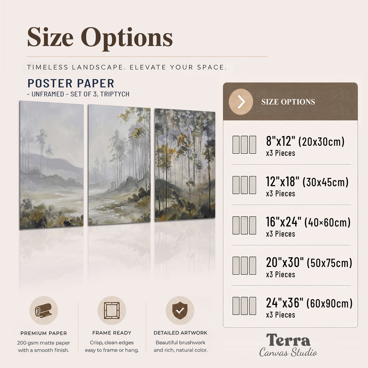 Misty woodland stream with gray trees, muted olive foliage and distant hazy hills set of 3 poster prints available dimensions; triptych dimensions are per panel