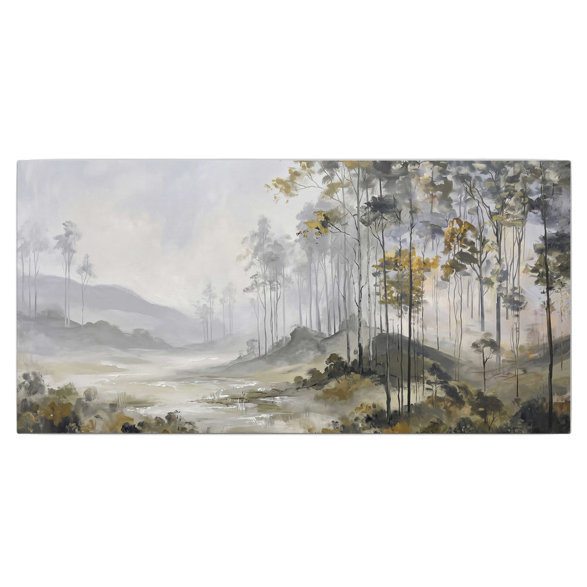 Misty woodland stream with gray trees, muted olive foliage and distant hazy hills single canvas wall art viewed straight on