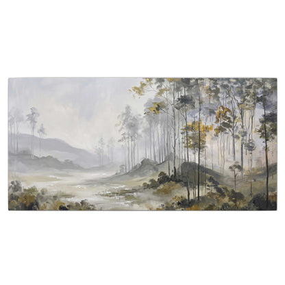 Misty woodland stream with gray trees, muted olive foliage and distant hazy hills single canvas wall art viewed straight on