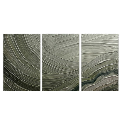 Olive and sage green abstract flowing waves with curved painted-style ridges 3 piece canvas wall art viewed straight on