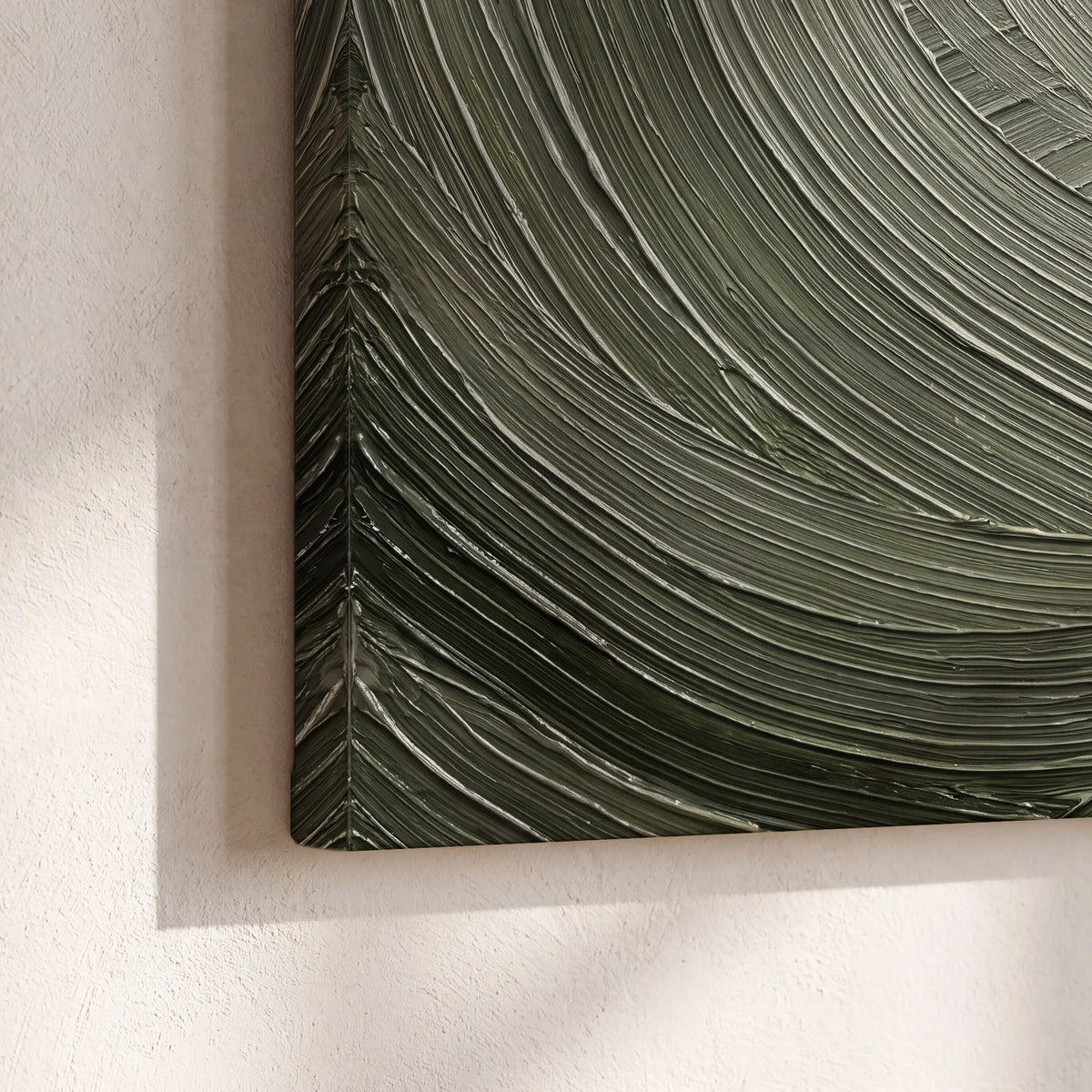 Olive and sage green abstract flowing waves with curved painted-style ridges 3 piece canvas wall art material and edge close up