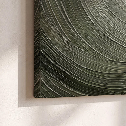 Olive and sage green abstract flowing waves with curved painted-style ridges 3 piece canvas wall art material and edge close up