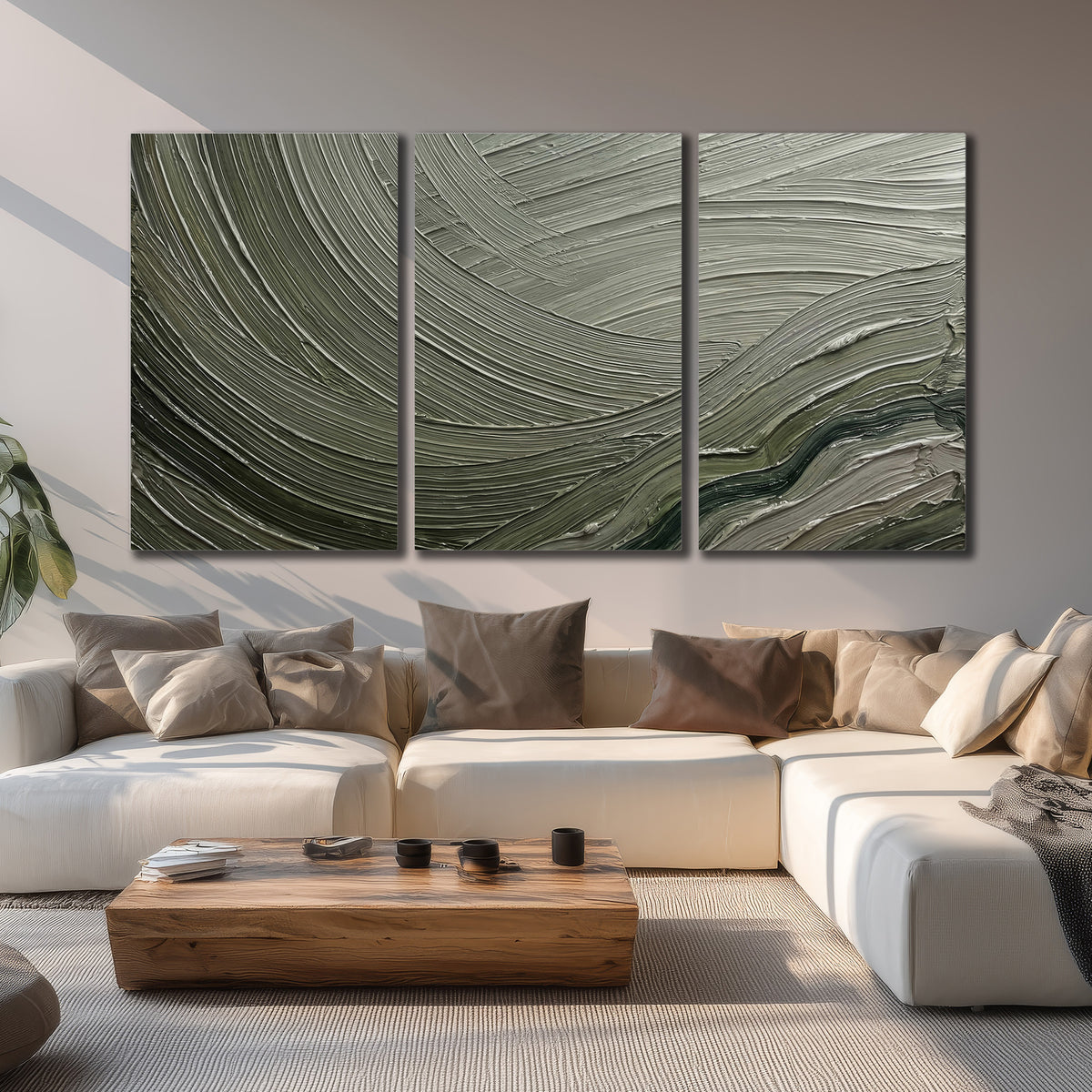 Olive and sage green abstract flowing waves with curved painted-style ridges 3 piece canvas wall art displayed in a living room