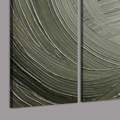 Olive and sage green abstract flowing waves with curved painted-style ridges 3 piece canvas wall art room and product view