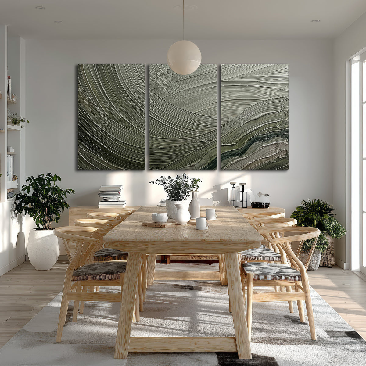 Olive and sage green abstract flowing waves with curved painted-style ridges 3 piece canvas wall art room and product view