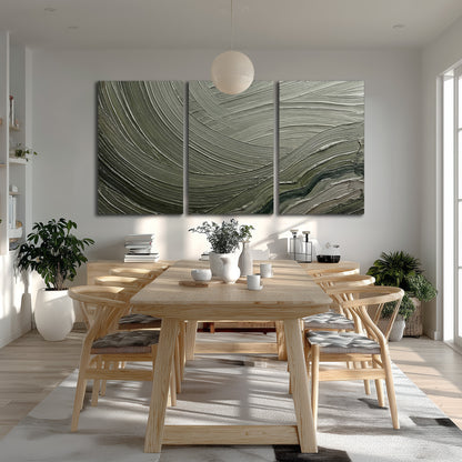 Olive and sage green abstract flowing waves with curved painted-style ridges 3 piece canvas wall art room and product view