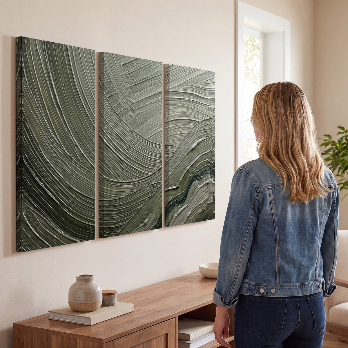 Olive and sage green abstract flowing waves with curved painted-style ridges 3 piece canvas wall art three panel arrangement on a wall