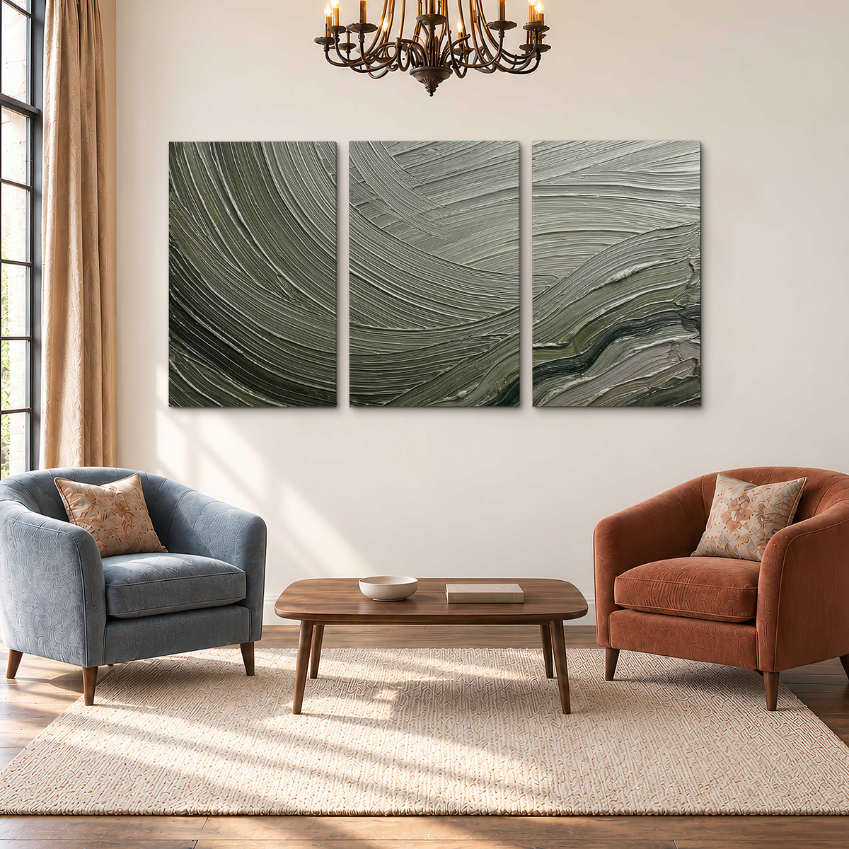 Olive and sage green abstract flowing waves with curved painted-style ridges 3 piece canvas wall art styled in an interior