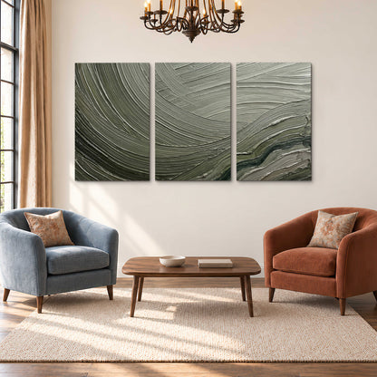 Olive and sage green abstract flowing waves with curved painted-style ridges 3 piece canvas wall art styled in an interior