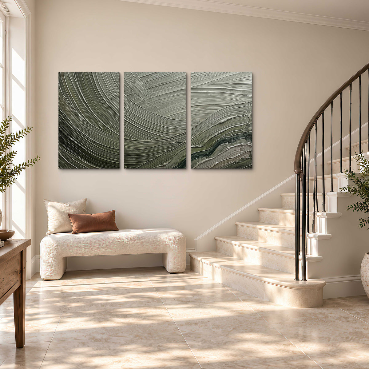 Olive and sage green abstract flowing waves with curved painted-style ridges 3 piece canvas wall art styled in an interior