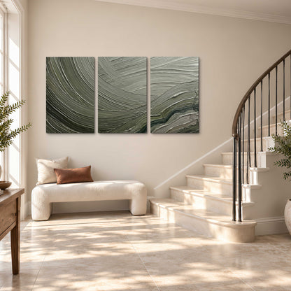 Olive and sage green abstract flowing waves with curved painted-style ridges 3 piece canvas wall art styled in an interior