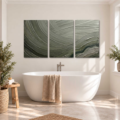 Olive and sage green abstract flowing waves with curved painted-style ridges 3 piece canvas wall art styled in an interior