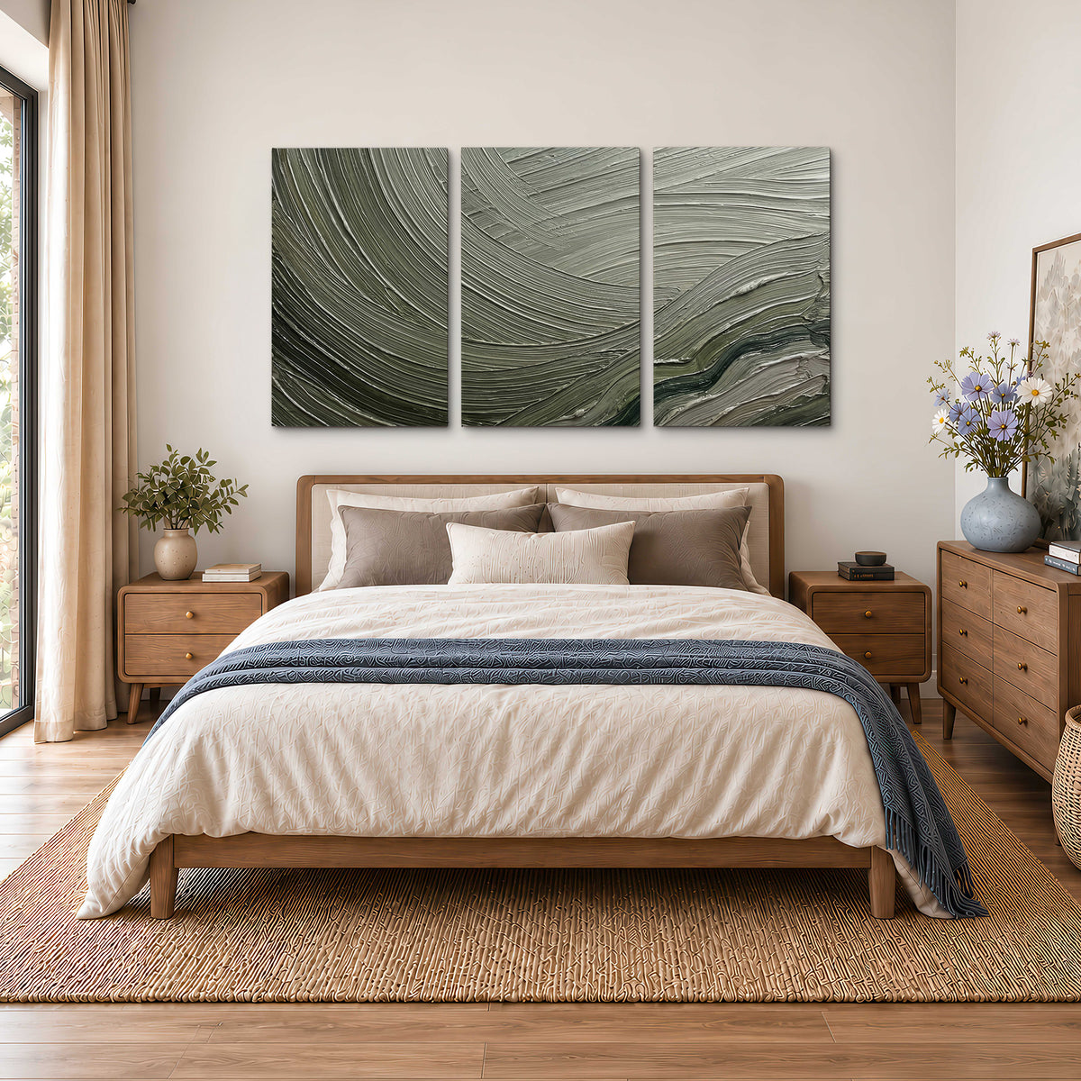 Olive and sage green abstract flowing waves with curved painted-style ridges 3 piece canvas wall art styled in an interior