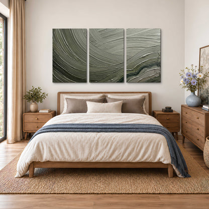 Olive and sage green abstract flowing waves with curved painted-style ridges 3 piece canvas wall art styled in an interior