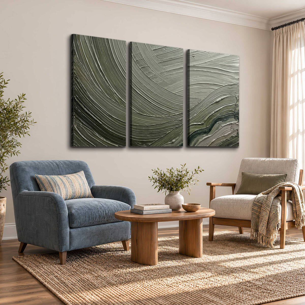 Olive and sage green abstract flowing waves with curved painted-style ridges 3 piece canvas wall art styled in an interior