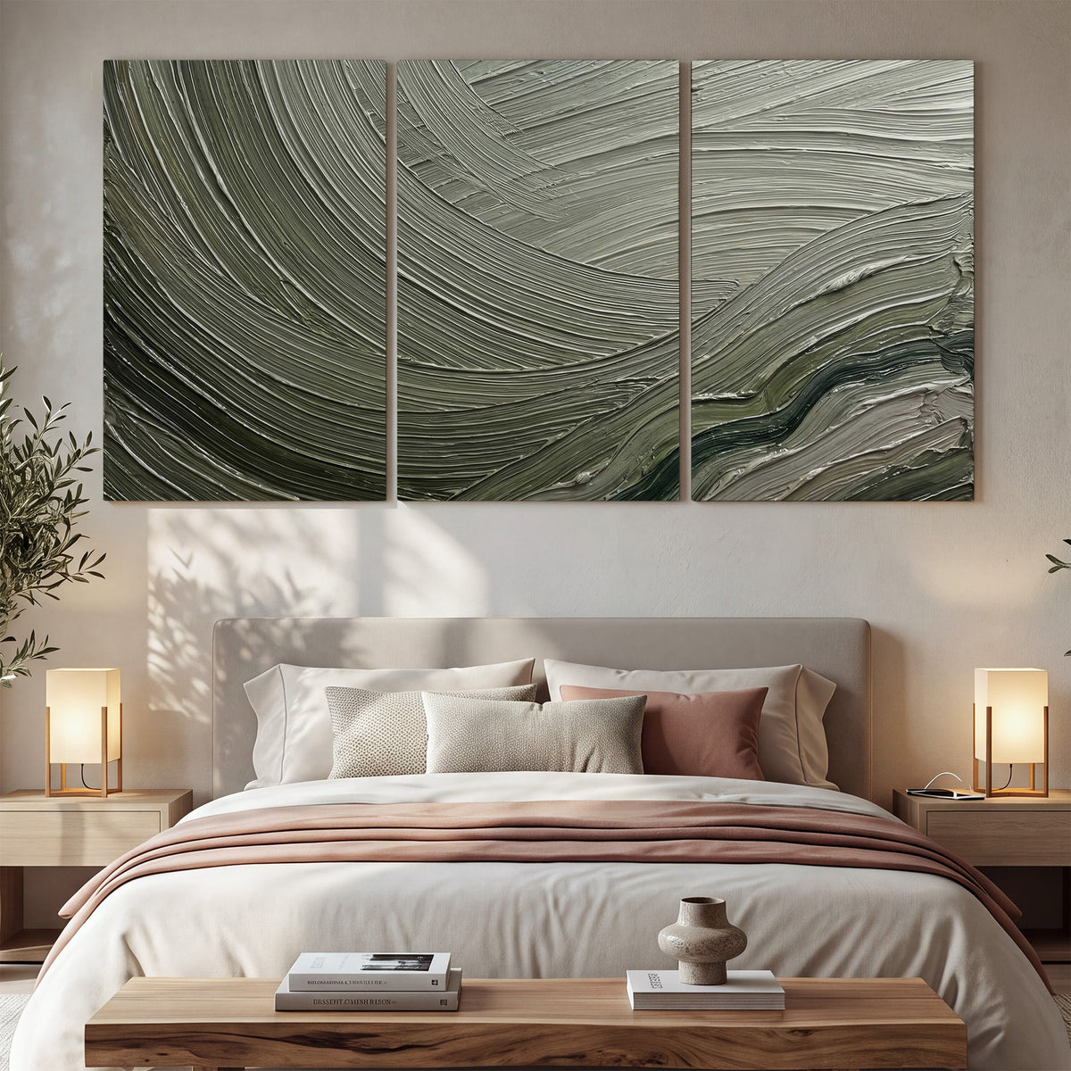 Olive and sage green abstract flowing waves with curved painted-style ridges 3 piece canvas wall art displayed in a bedroom