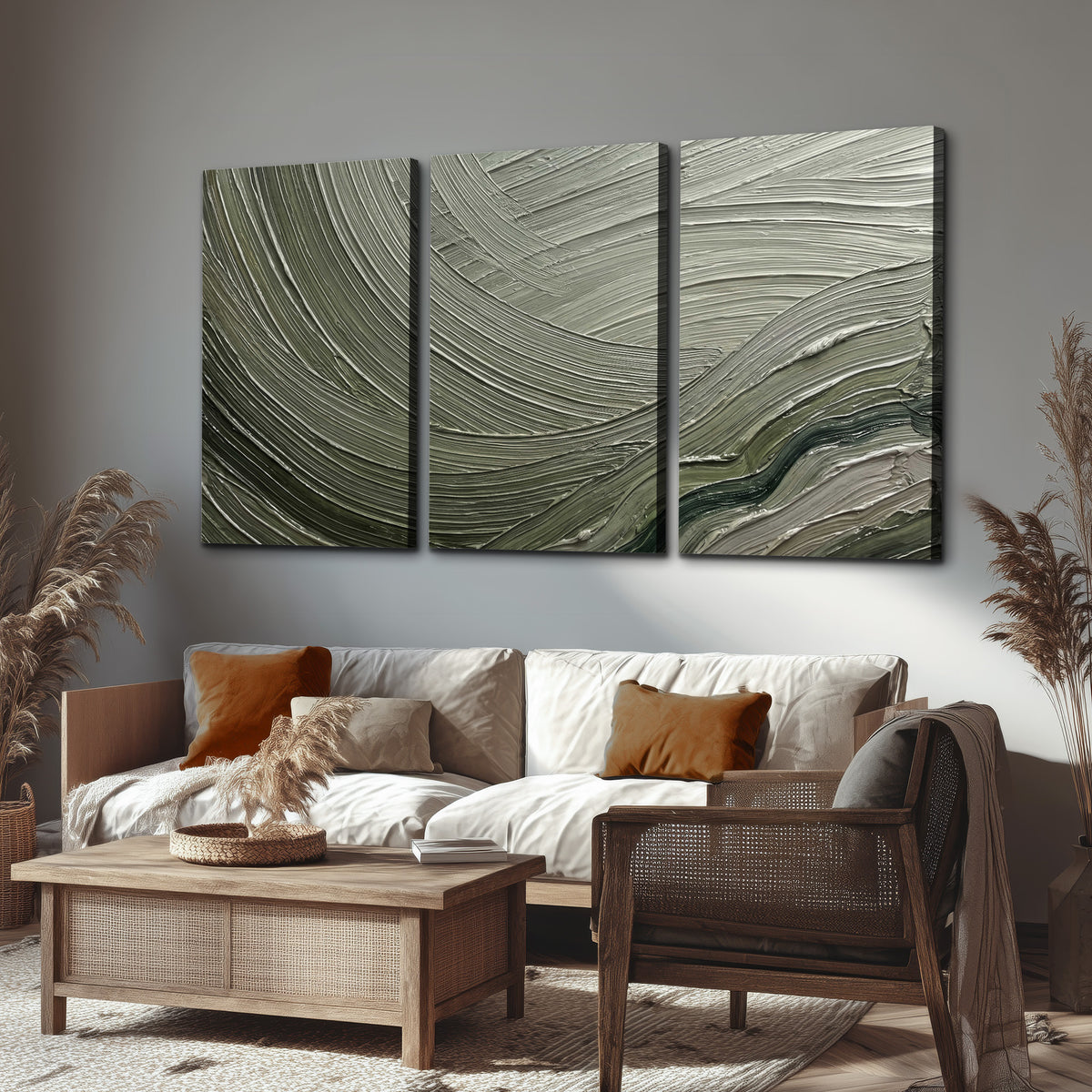 Olive and sage green abstract flowing waves with curved painted-style ridges 3 piece canvas wall art displayed in a rustic living room