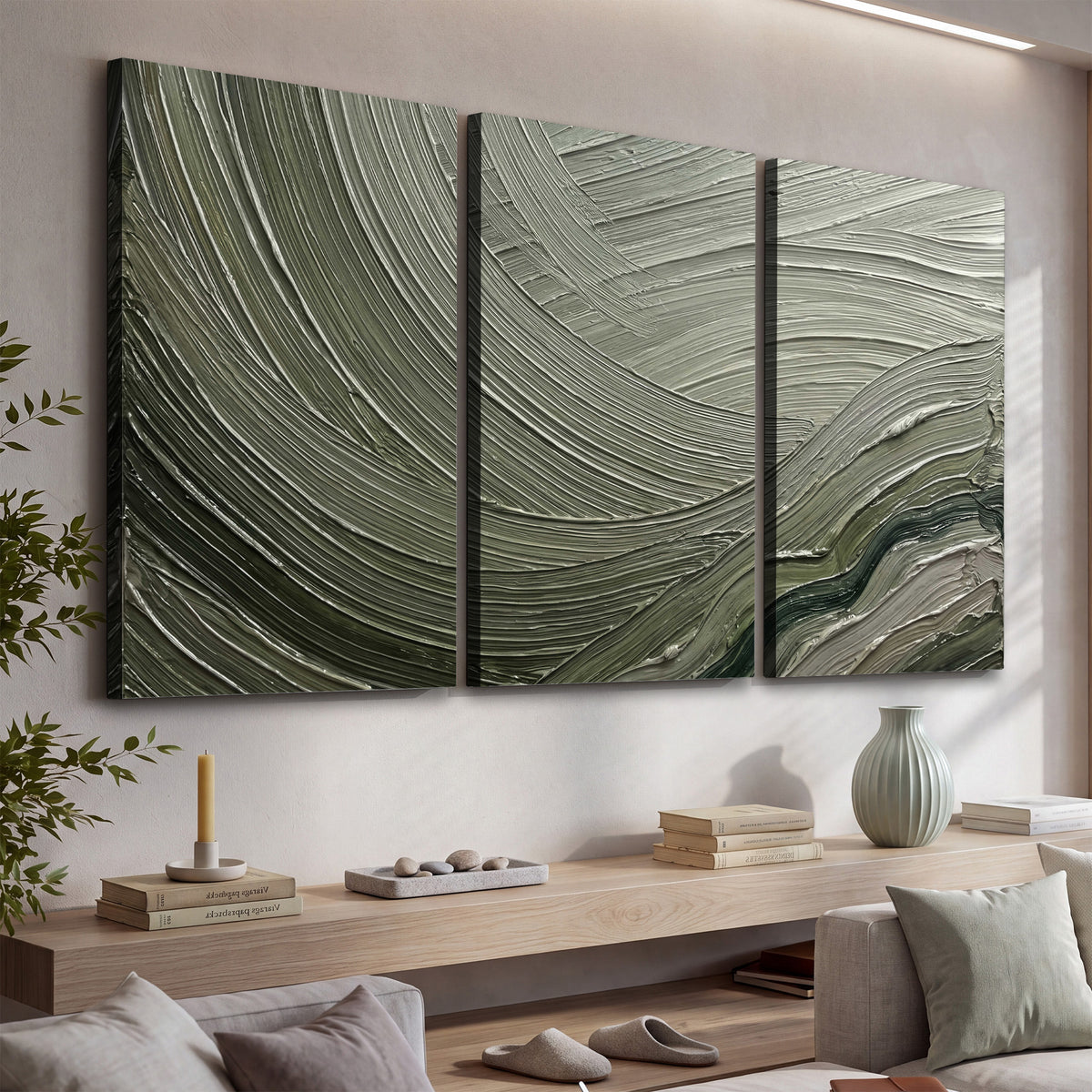 Olive and sage green abstract flowing waves with curved painted-style ridges 3 piece canvas wall art displayed in a console