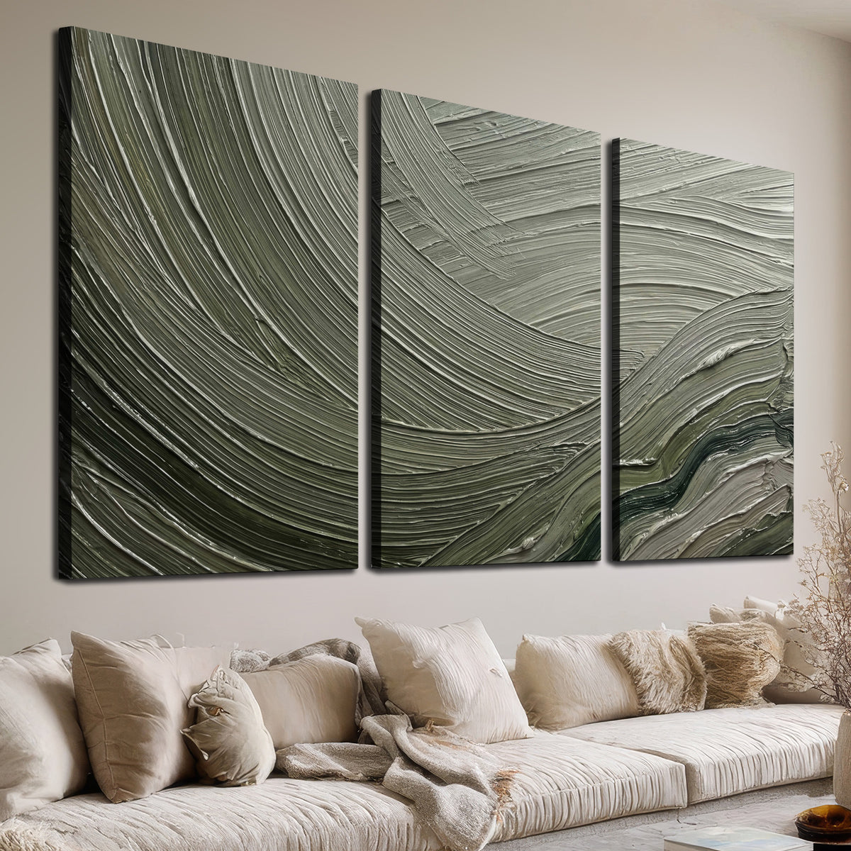 Olive and sage green abstract flowing waves with curved painted-style ridges 3 piece canvas wall art room and product view