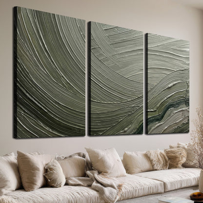 Olive and sage green abstract flowing waves with curved painted-style ridges 3 piece canvas wall art room and product view
