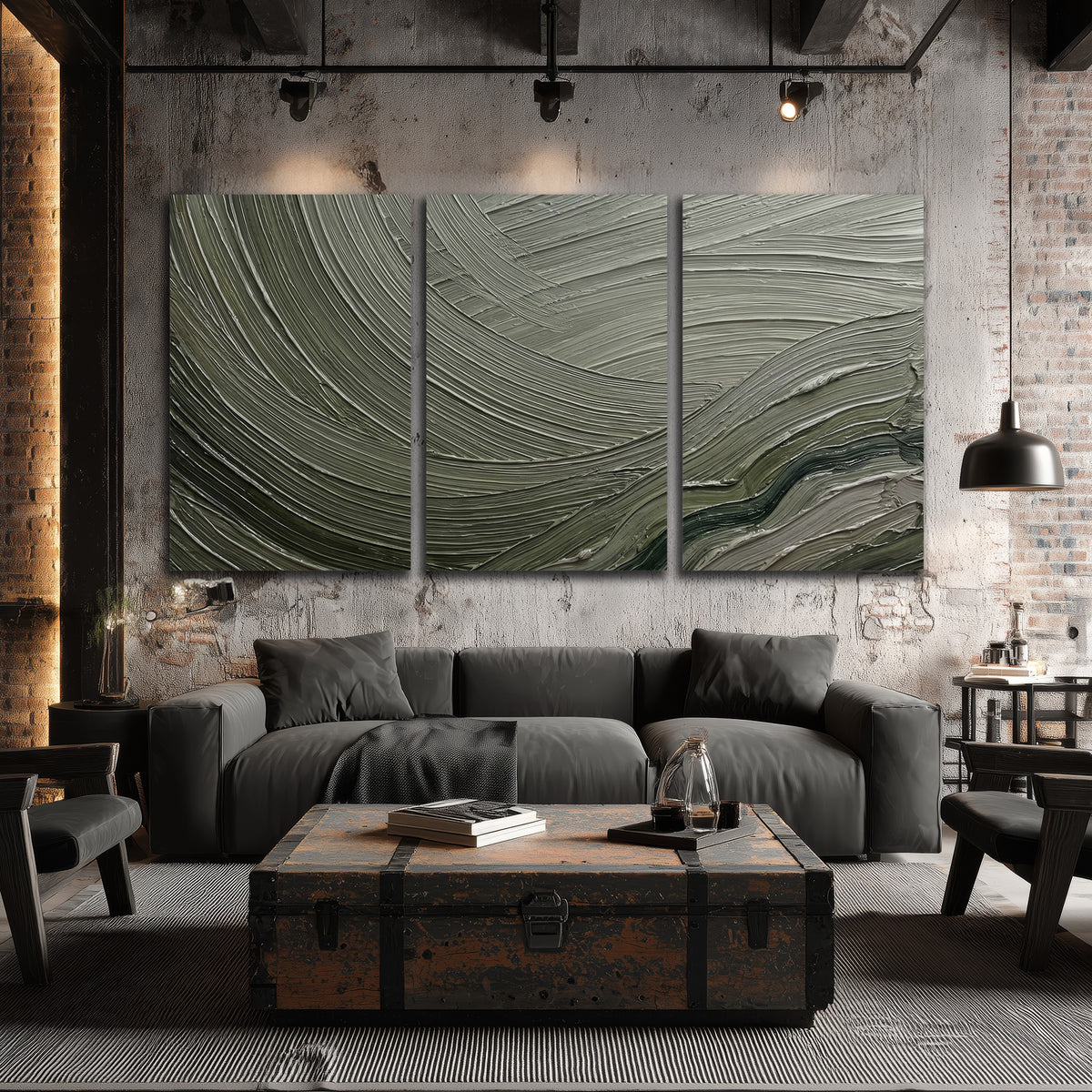 Olive and sage green abstract flowing waves with curved painted-style ridges 3 piece canvas wall art displayed in a industrial room