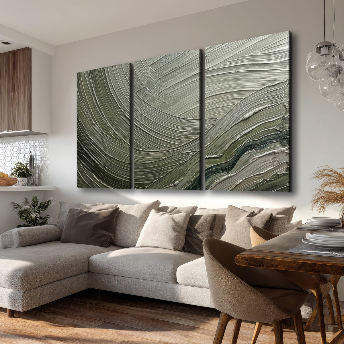 Olive and sage green abstract flowing waves with curved painted-style ridges 3 piece canvas wall art room and product view