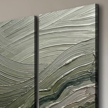Olive and sage green abstract flowing waves with curved painted-style ridges 3 piece canvas wall art room and product view