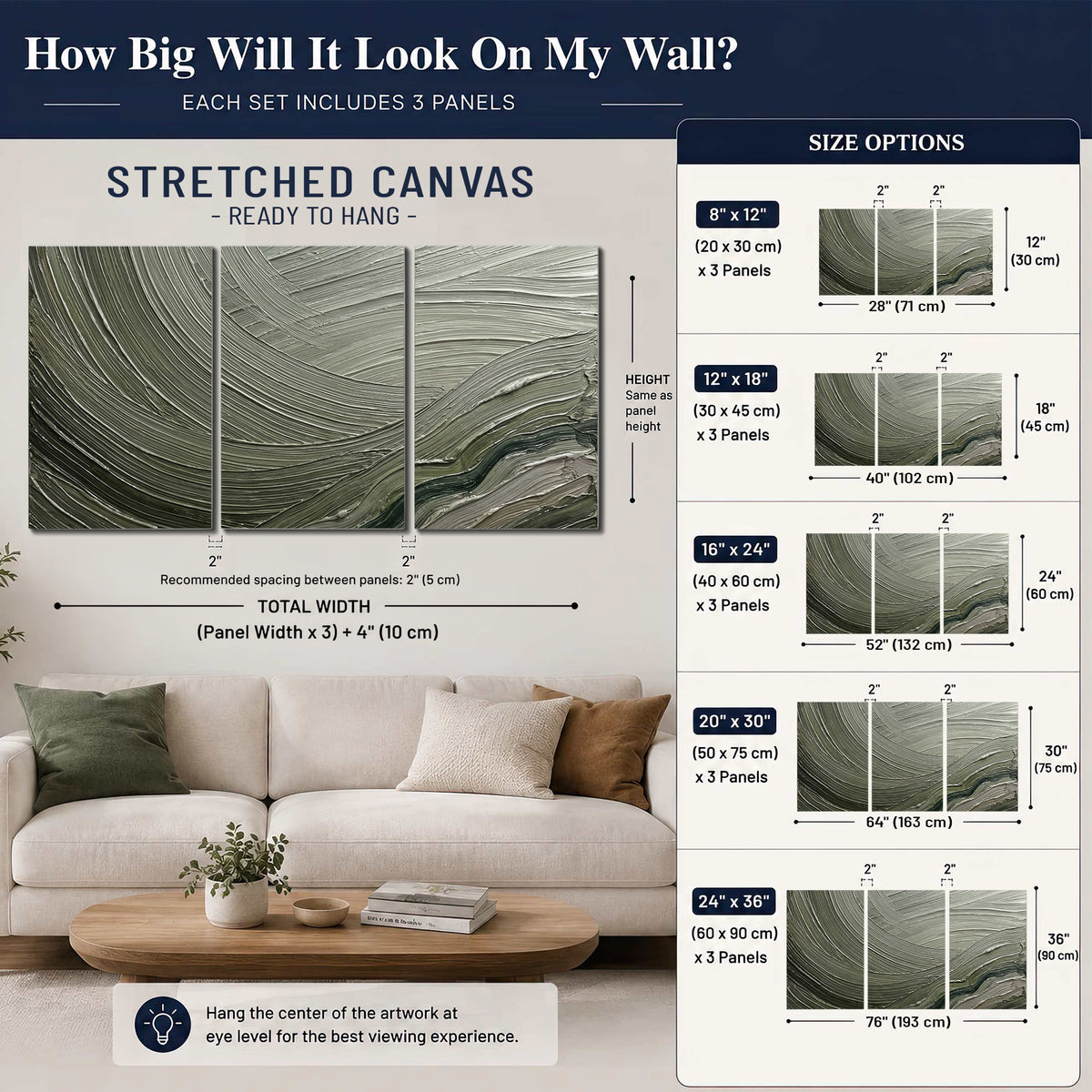 Olive and sage green abstract flowing waves with curved painted-style ridges 3 piece canvas wall art size guide above a sofa; room view is illustrative