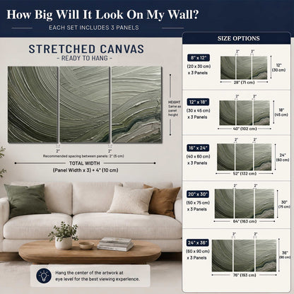 Olive and sage green abstract flowing waves with curved painted-style ridges 3 piece canvas wall art size guide above a sofa; room view is illustrative