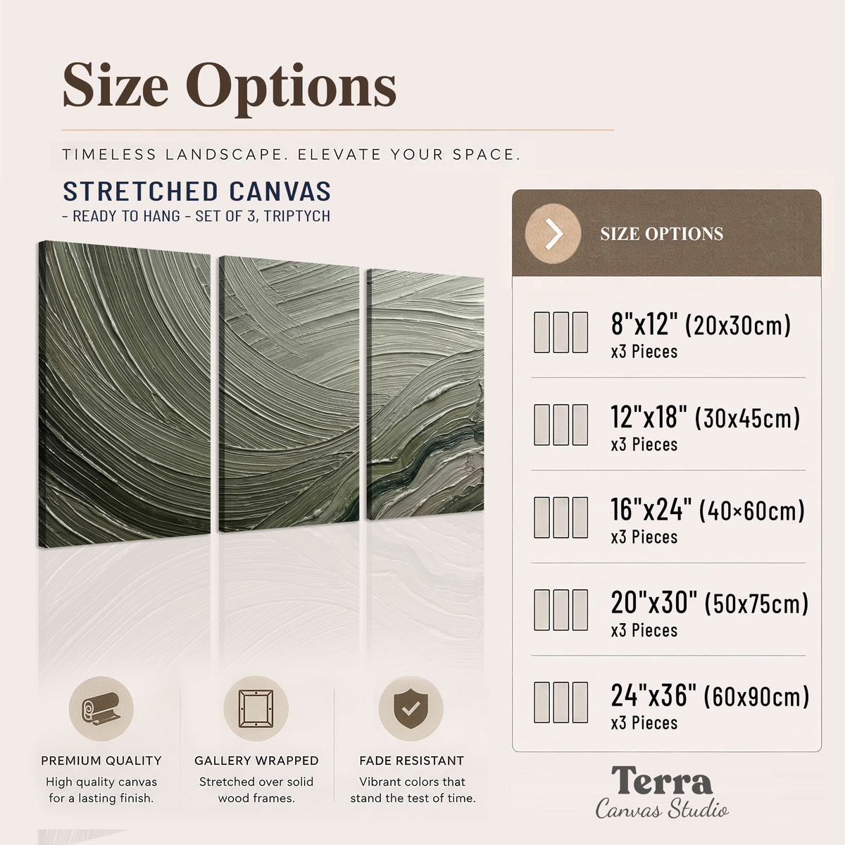 Olive and sage green abstract flowing waves with curved painted-style ridges 3 piece canvas wall art available dimensions; triptych dimensions are per panel