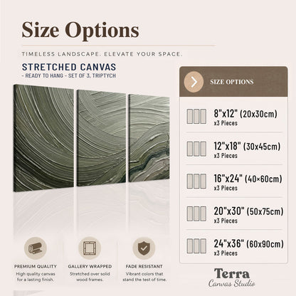 Olive and sage green abstract flowing waves with curved painted-style ridges 3 piece canvas wall art available dimensions; triptych dimensions are per panel
