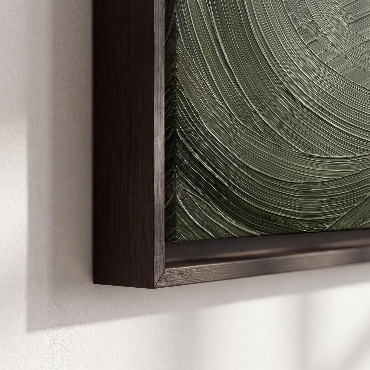 Olive and sage green abstract flowing waves with curved painted-style ridges 3 piece framed canvas wall art material and edge close up