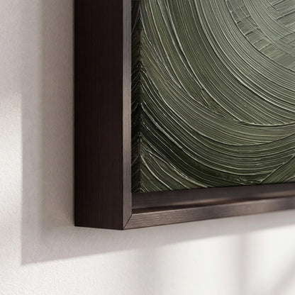 Olive and sage green abstract flowing waves with curved painted-style ridges 3 piece framed canvas wall art material and edge close up
